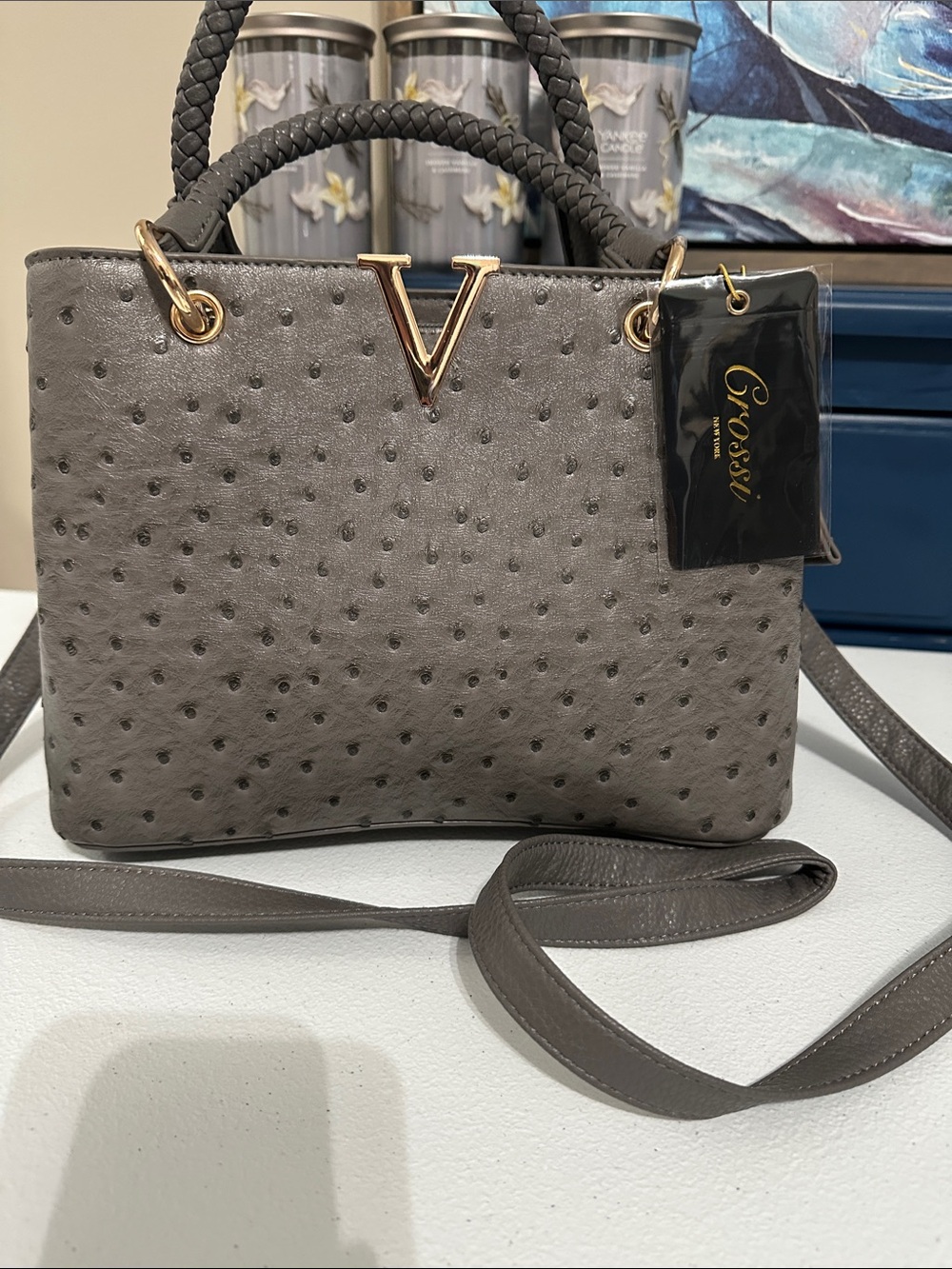 Gray Faux Ostrich Satchel with Gold V Accent